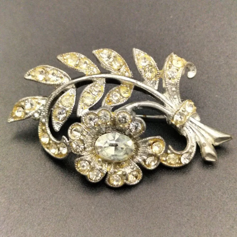 Vintage Floral Foliage Rhinestone Brooch Pin Silver Tone 2